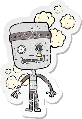 Bir insan tarafından çizilmiş komik bir robotun gerilimli çıkartması.