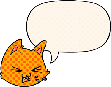 Bir insan tarafından çizilmiş, çizgi roman tarzında konuşan bir kedi suratı tükürüyor.