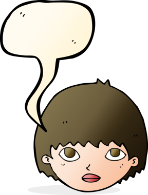 Bir insan tarafından çizilmiş konuşma balonuyla bakan çizgi film kızı.