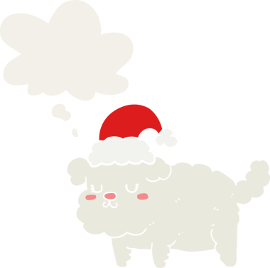 Bir insan tarafından çizilmiş düşünce baloncuğu olan şirin bir Noel köpeği.