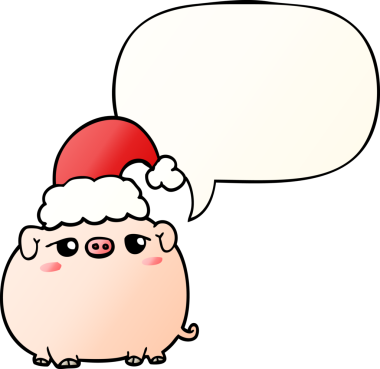 Karikatür domuzu Noel şapkası takıyor ve konuşma baloncuğu gibi bir insan tarafından çizilmiş.