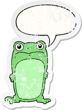Konuşan kurbağa bakışlı karikatür. Bir insan tarafından çizilmiş sıkıntılı eski bir çıkartma.