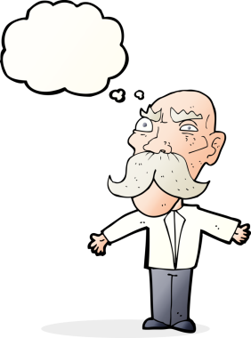 Bir insan tarafından çizilmiş düşünce baloncuğu olan kızgın yaşlı bir adam.