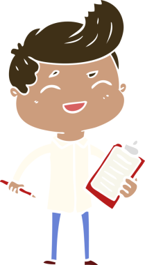 Bir insan tarafından çizilmiş düz renkli çizgi film gülen satış elemanı