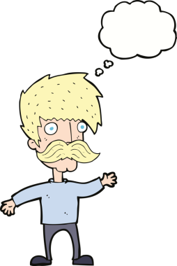 Bir insan tarafından çizilmiş düşünce baloncuğuyla bıyıklı çizgi film adamı.