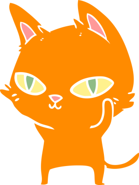 Bir insan tarafından çizilmiş parlak gözlü düz renkli çizgi film kedisi.