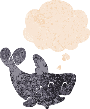 Düşünce baloncuğu ve grunge ile çizgi film köpekbalığı bir insan tarafından çizilmiş desenli sıkıntılı retro