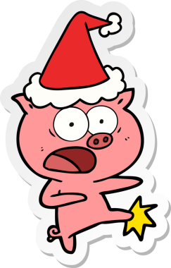 Bir insan tarafından çizilmiş Noel Baba şapkasıyla bağıran ve tekmeleyen bir domuzun el yazısı.