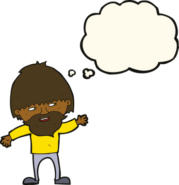 çizgi film mutlu sakallı adam bir insan tarafından çizilmiş düşünce balonuyla el sallıyor.