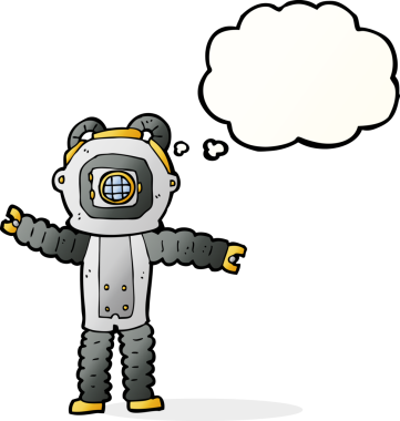 Bir insan tarafından çizilmiş düşünce balonlu derin deniz dalgıcı.