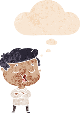 Düşünce baloncuğuyla konuşan karikatürist bir insan tarafından çizilmiş dertli retro tarzı.