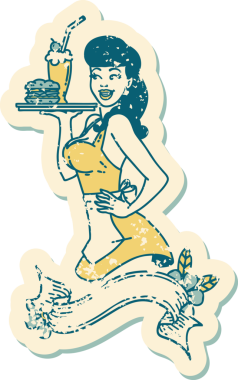 Geleneksel stil dövmeli sıkıntılı bir stil. Pankartı insan tarafından çizilmiş garson kız.