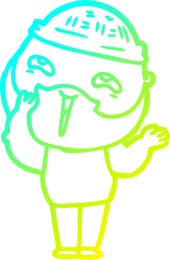 Bir insan tarafından çizilmiş, mutlu, sakallı, çizgi film karakteri.