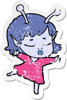 Bir insan tarafından çizilmiş sevimli bir uzaylı kız çizgi filminin sıkıntılı çıkartması.