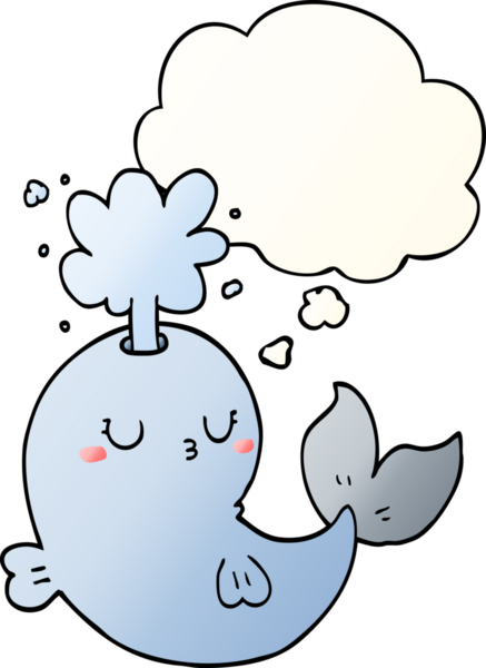 Bir insan tarafından çizilmiş, düşünce baloncuğuyla su fışkırtan çizgi film balinası.