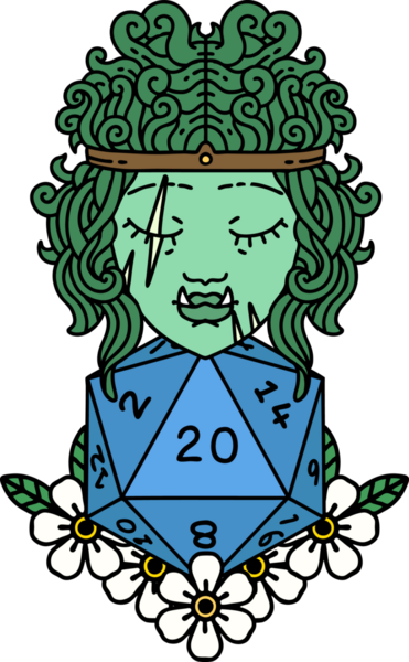 Retro Dövme Tarzı Ork barbarlığı. Bir insan tarafından çizilmiş doğal yirmi zar.