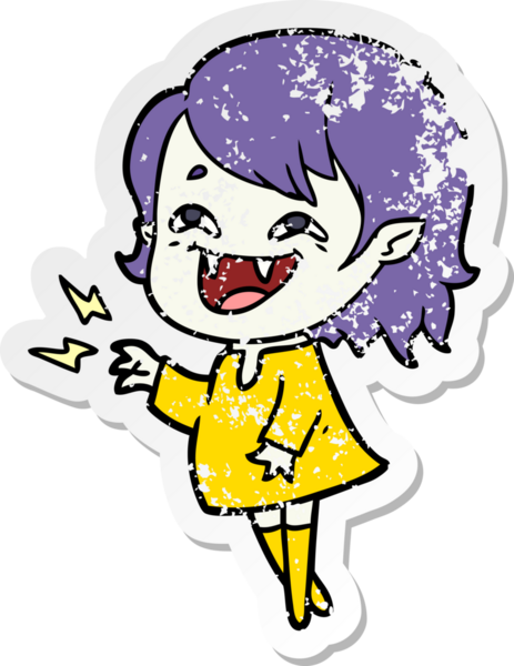 Bir insan tarafından çizilmiş gülen vampir kız çizgi filminin sıkıntılı çıkartması.