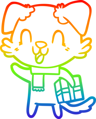 Gökkuşağı gradyan çizgisi, gülen bir köpeğin çizimi ve bir insan tarafından çizilmiş Noel hediyesi.