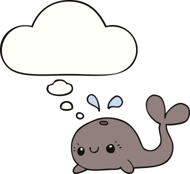 Bir insan tarafından çizilmiş düşünce baloncuklu şirin bir balina.