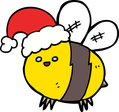 Bir insan tarafından çizilmiş Noel şapkası takan sevimli çizgi film arısı.