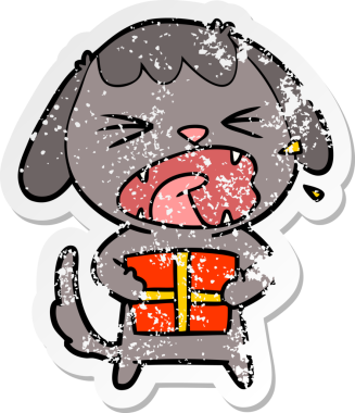 Bir insan tarafından çizilmiş noel hediyeli şirin bir köpeğin sıkıntılı çıkartması.