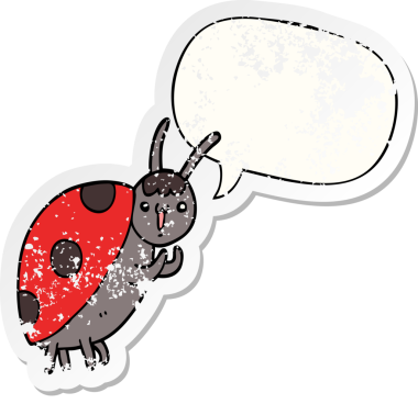 Tatlı çizgi film uğur böceği konuşma baloncuğu ile sıkıntılı eski bir çıkartma bir insan tarafından çizilmiş