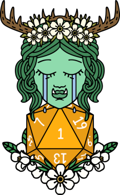 Retro Dövme Tarzı Hüzünlü Yarı Ork Druid Karakteri Bir zar bir insan tarafından çizilmiş