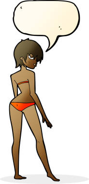 Bir insan tarafından çizilmiş konuşma balonu olan bikinili bir kadın.