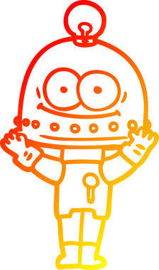 Bir insan tarafından çizilmiş ampullü mutlu bir robot çizimi.