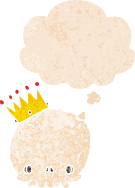 Düşünce baloncuğu ve grunge ile taçlandırılmış karikatür kafatası bir insan tarafından çizilmiş rahatsız edilmiş retro tarzı