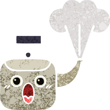 Bir insan tarafından çizilen dumanı tüten bir çaydanlığın retro çizim tarzı karikatürü