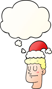 Düşünce baloncuklu noel şapkası takan çizgi film adamı bir insan tarafından çizilmiş.