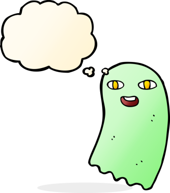 Bir insan tarafından çizilmiş düşünce baloncuklu komik çizgi film hayaleti.