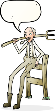 Bir insan tarafından çizilmiş konuşma balonuyla çitlere yaslanan yaşlı çiftçi çizgi filmi.