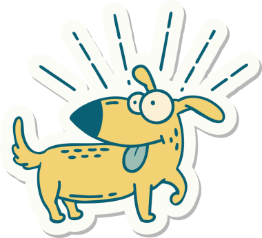 Bir insan tarafından çizilmiş dövme stili mutlu köpek çıkartması.