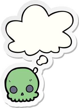 İnsan tarafından çizilmiş bir çıkartma olarak düşünce baloncuğu olan karikatür kafatası.