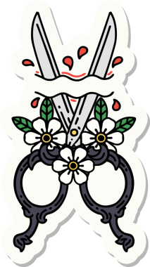 Bir insan tarafından çizilmiş geleneksel makas ve çiçek stili dövme çıkartması.