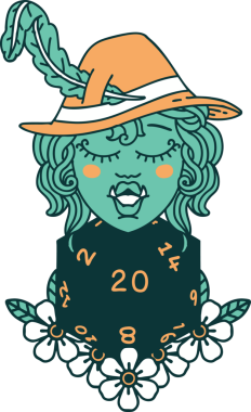 Retro Dövme Biçimi Yarı Ork Ozanı Bir insan tarafından çizilmiş 20 zar ile