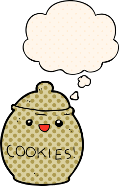 Bir insan tarafından çizilmiş çizgi roman tarzında düşünce baloncuğu olan sevimli çizgi film kurabiye kavanozu.