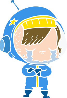 Düz renkli çizgi film ağlayan astronot kız bir insan tarafından çizilmiş.