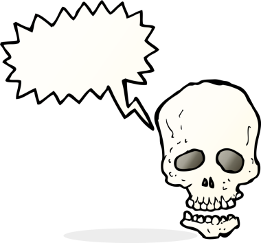 Bir insan tarafından çizilmiş, konuşma baloncuklu bir kafatası.