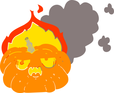 Düz renkli çizgi film alevli cadılar bayramı balkabağı bir insan tarafından çizilmiş.