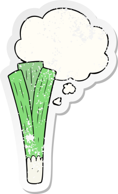 Düşünce baloncuğu olan pırasa çizgi film etiketi bir insan tarafından çizilmiş.