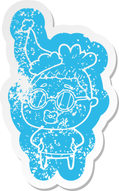 Garip bir çizgi film, kütüphaneci bir kadının Noel Baba şapkası takıp, bir insan tarafından çizilmiş gözlüklü çıkartması.