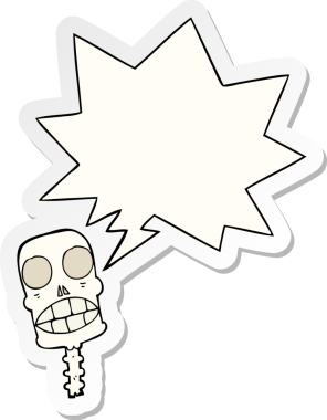 Bir insan tarafından çizilmiş konuşma kabarcığı yapıştırmalı karikatürümsü kafatası.