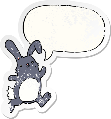 Konuşma balonuyla koşan çizgi film tavşanı bir insan tarafından çizilmiş sıkıntılı eski bir çıkartma