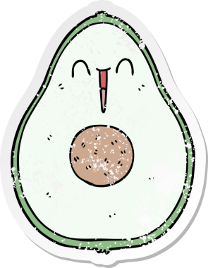 Bir insan tarafından çizilmiş mutlu avokado karikatürünün sıkıntılı etiketi