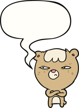 Bir insan tarafından çizilen konuşma baloncuğuyla kolları birleştirilmiş kızgın ayı çizgi filmi.