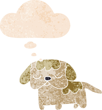 Düşünce baloncuğu ve grunge ile sevimli çizgi film köpek yavrusu bir insan tarafından çizilmiş sıkıntılı retro dokuma tarzı