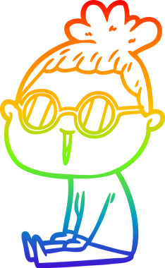 Bir insan tarafından çizilmiş gözlük takan bir karikatür kadının çizimi.